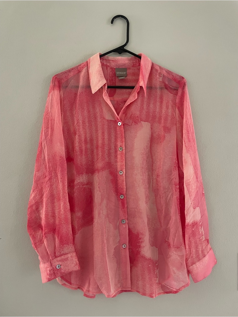 Chico's Pink Brushstroke Sheer Button-Down Shirt